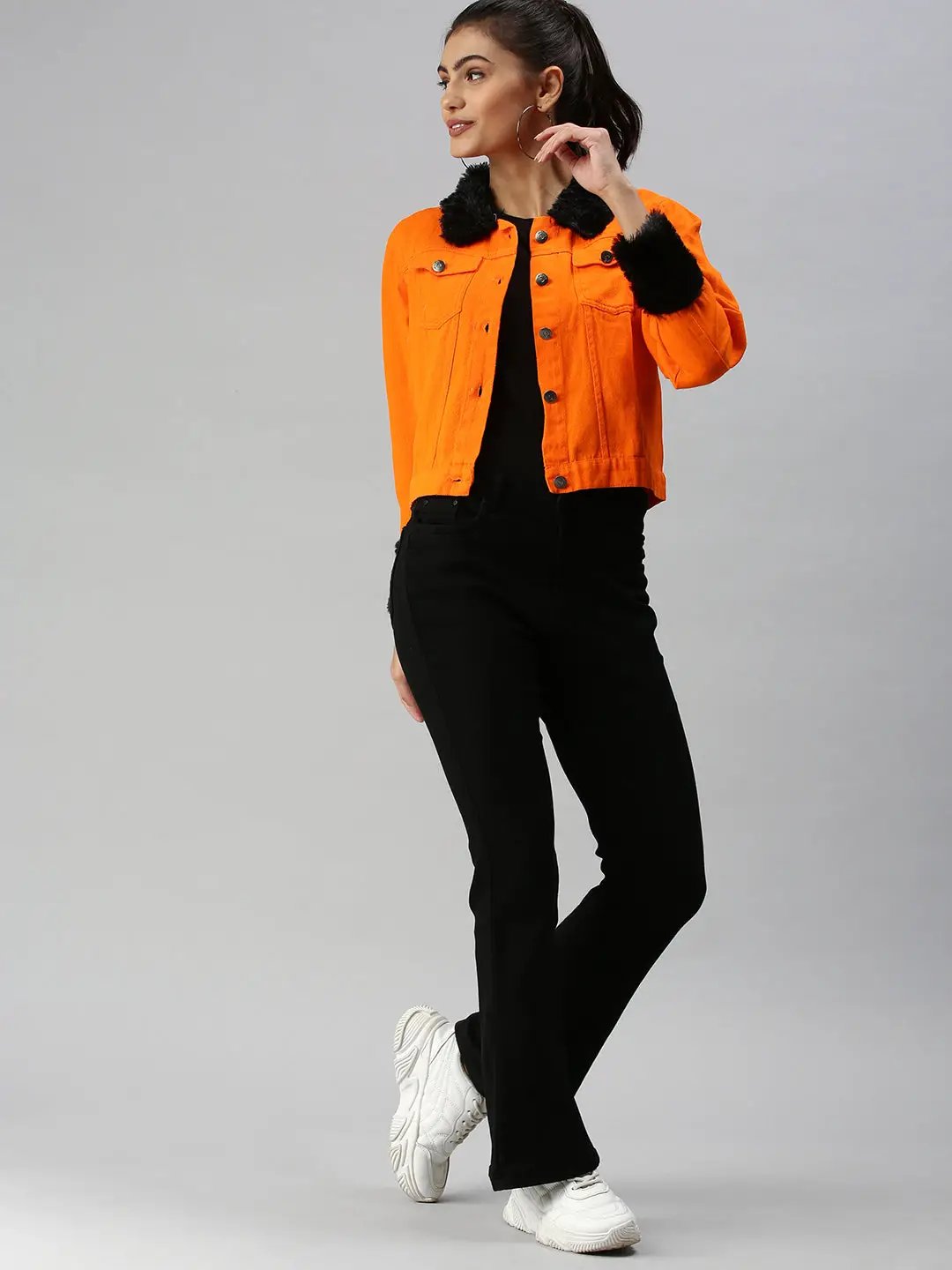 Women's Orange Solid Denim Jacket Jackets