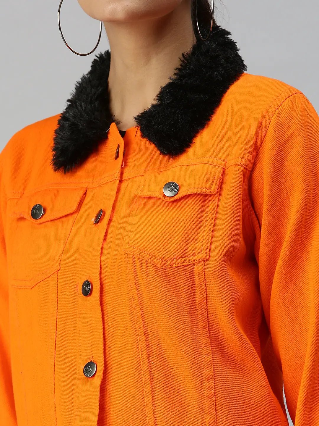 Women's Orange Solid Denim Jacket Jackets