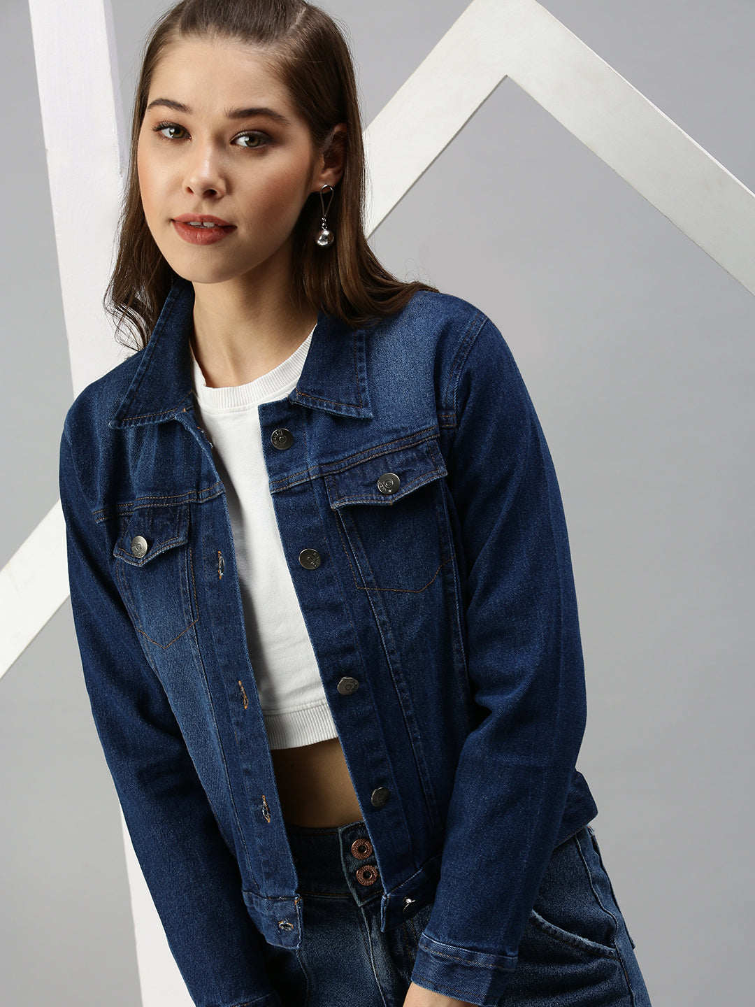 Women's Blue Solid Spread Collar Cotton Denim Jacket