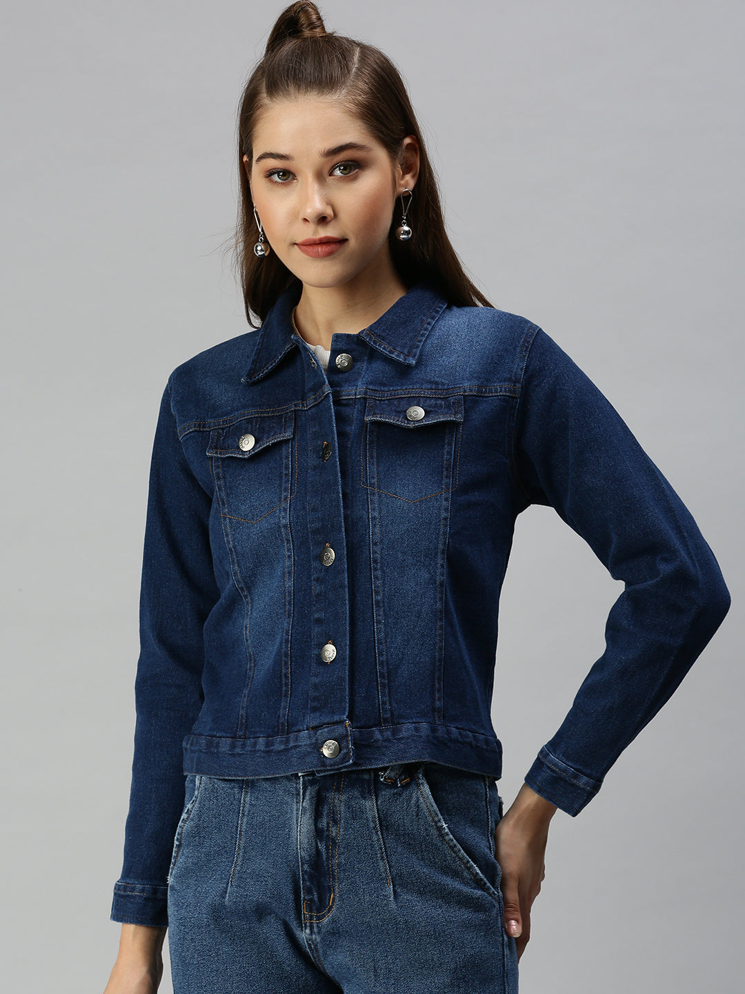 Women's Blue Solid Spread Collar Cotton Denim Jacket