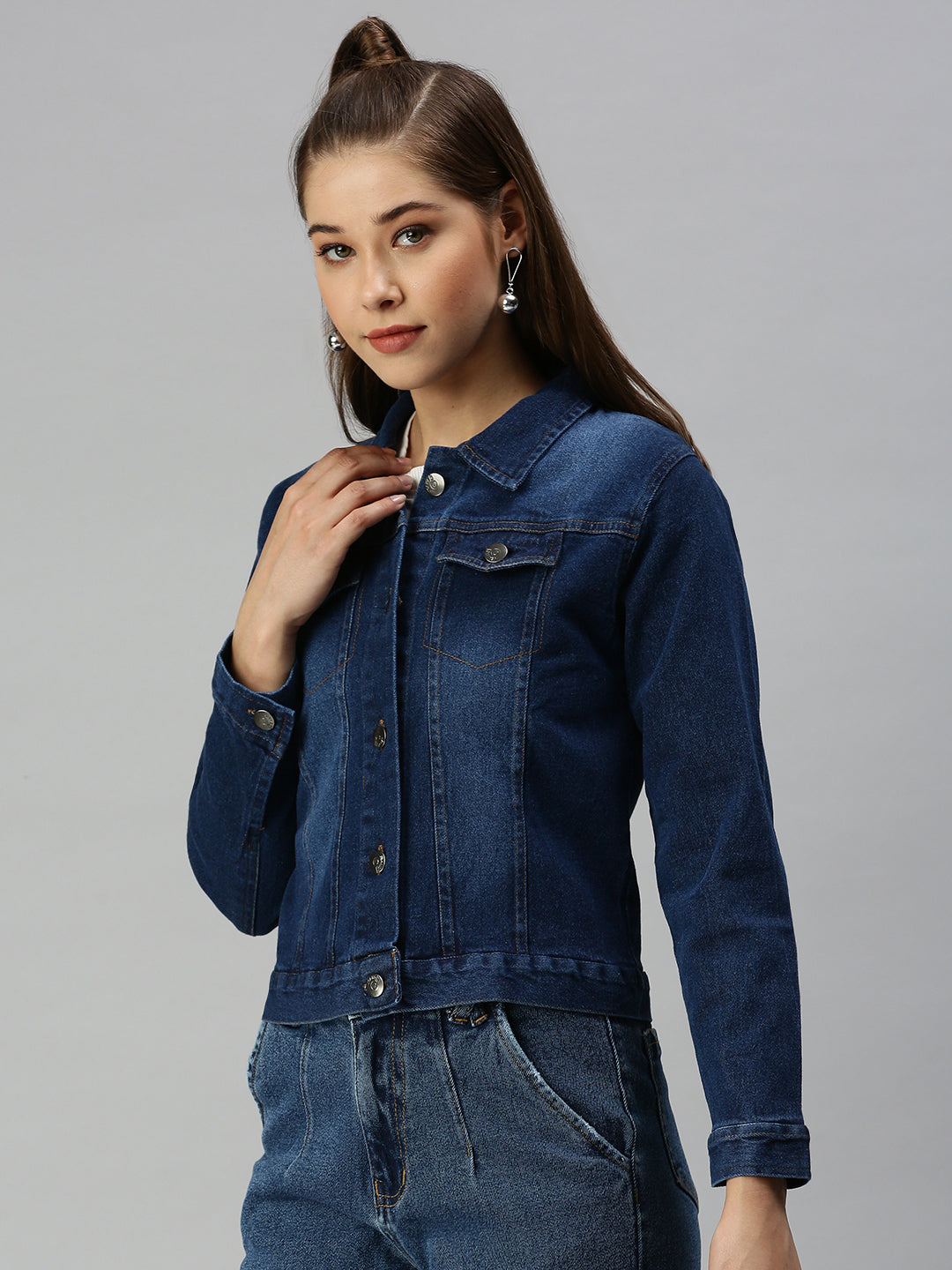 Women's Blue Solid Spread Collar Cotton Denim Jacket