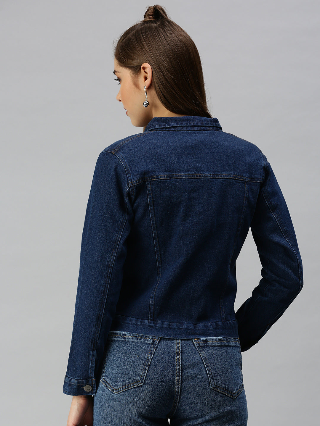 Women's Blue Solid Spread Collar Cotton Denim Jacket