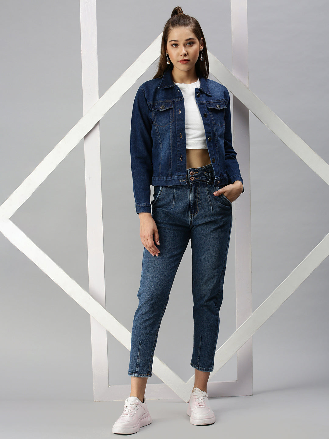 Women's Blue Solid Spread Collar Cotton Denim Jacket