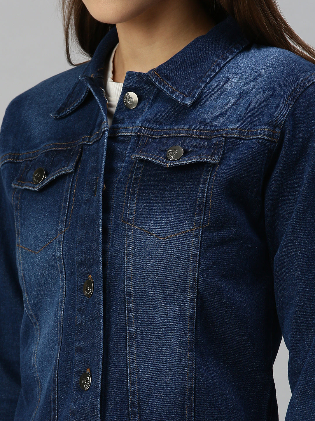 Women's Blue Solid Spread Collar Cotton Denim Jacket