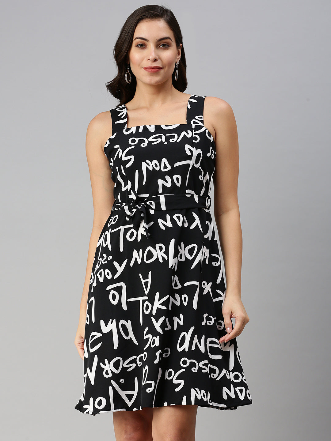 Women Black Printed Fit and Flare Dress