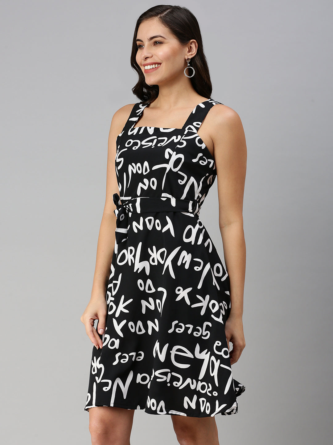 Women Black Printed Fit and Flare Dress