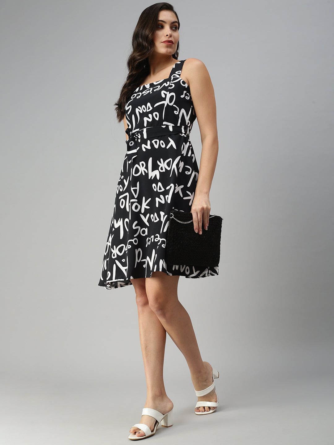 Women Black Printed Fit and Flare Dress