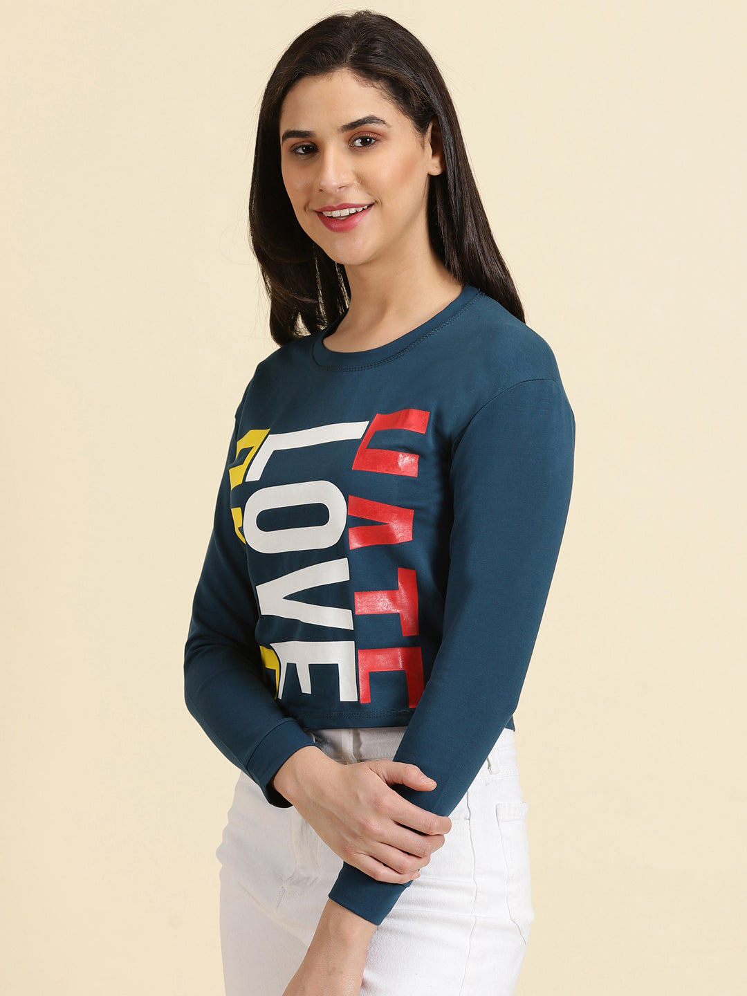 Women's Teal Typography Printed Round Neck Top