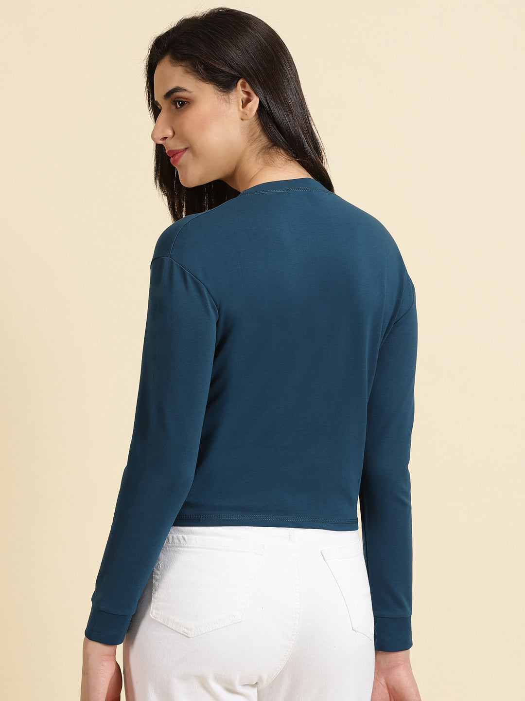 Women's Teal Typography Printed Round Neck Top