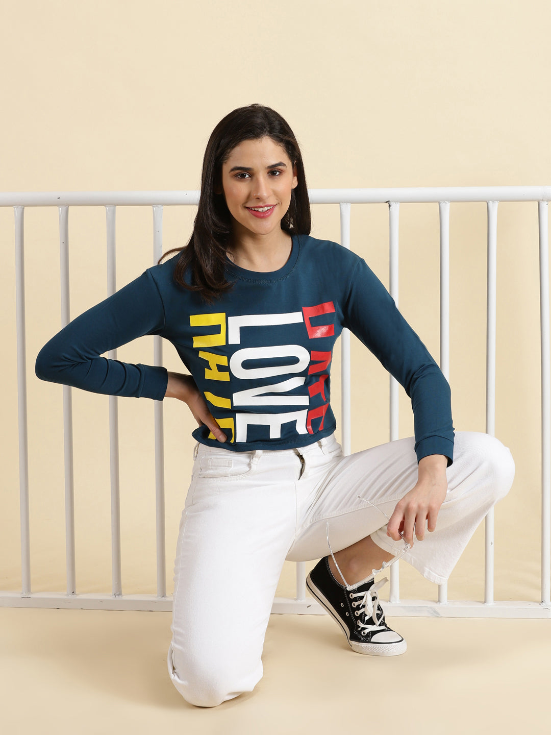 Women's Teal Typography Printed Round Neck Top