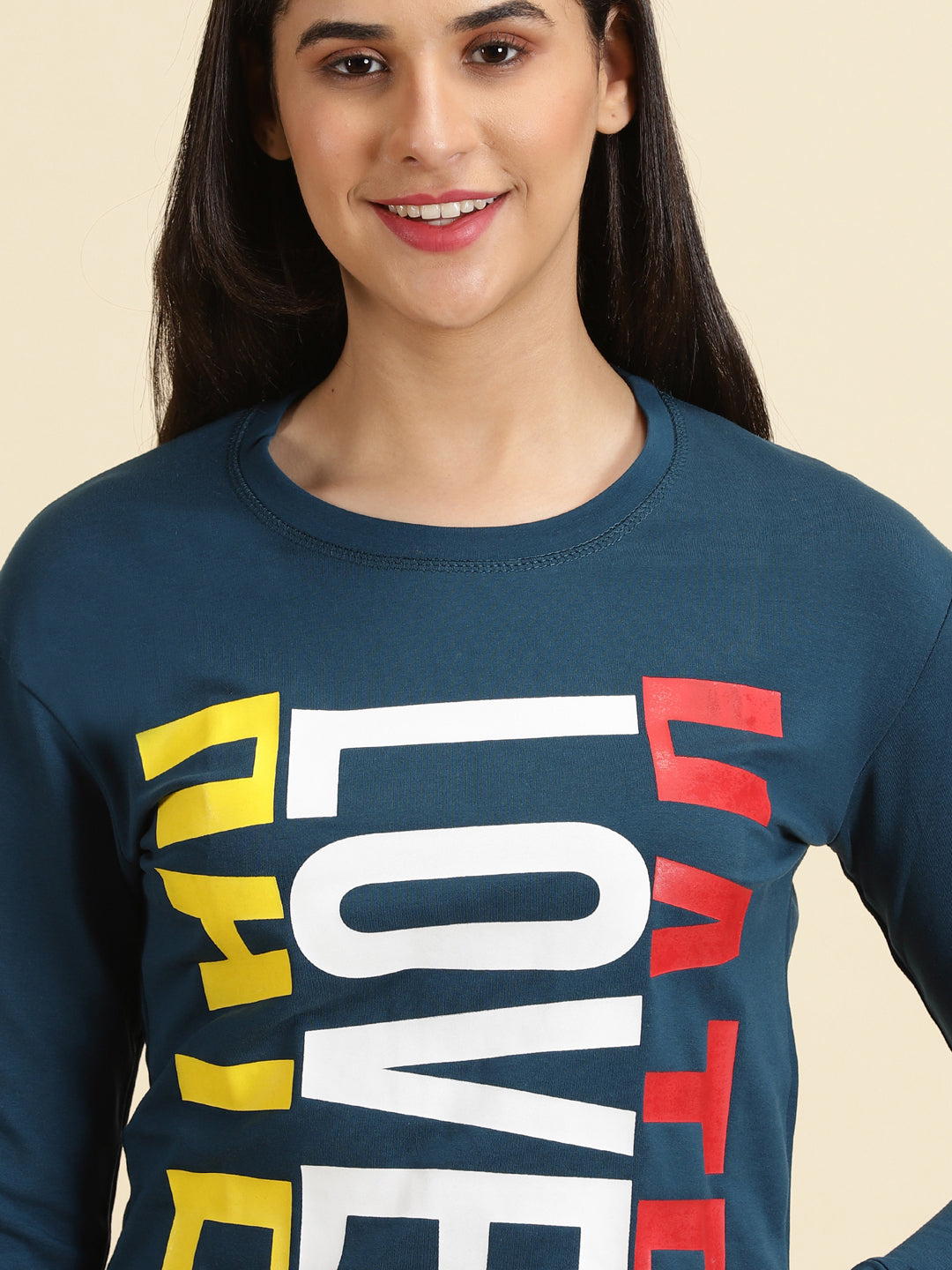 Women's Teal Typography Printed Round Neck Top