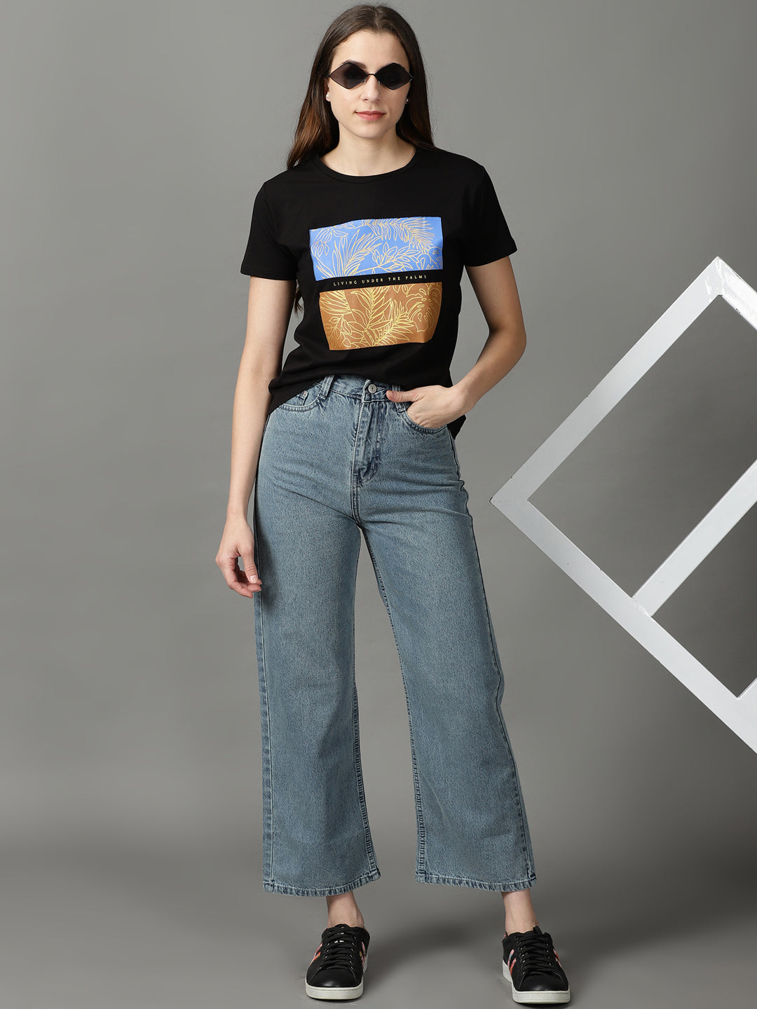 Women's Black Floral Printed Tropical Cotton Top