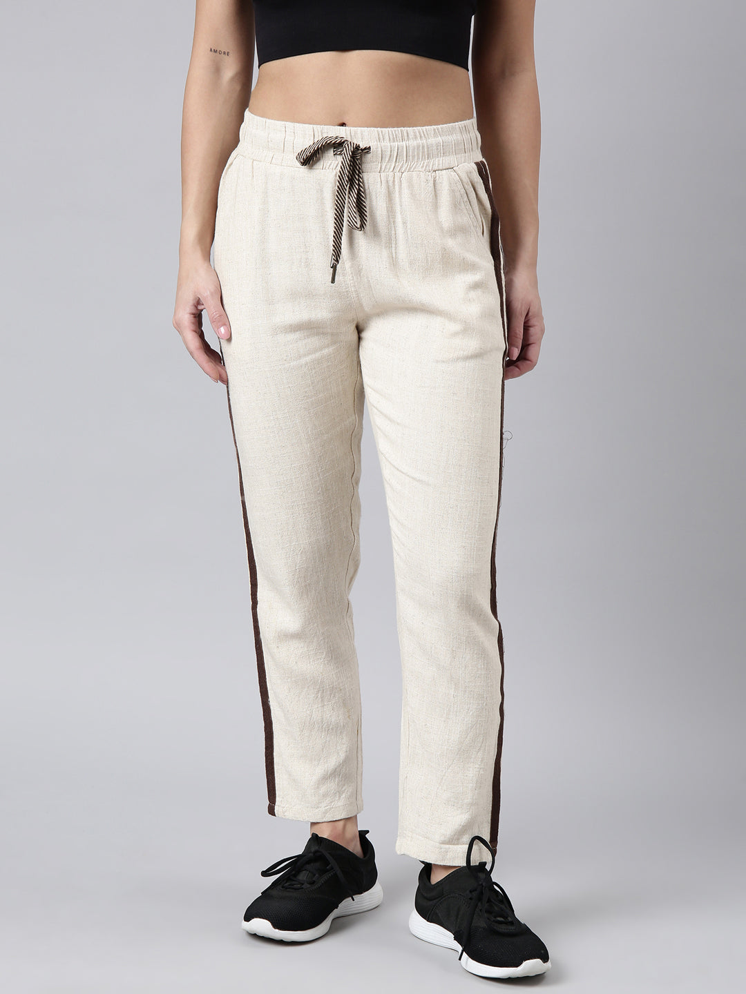 Women Solid Slim Fit Cream Track Pant