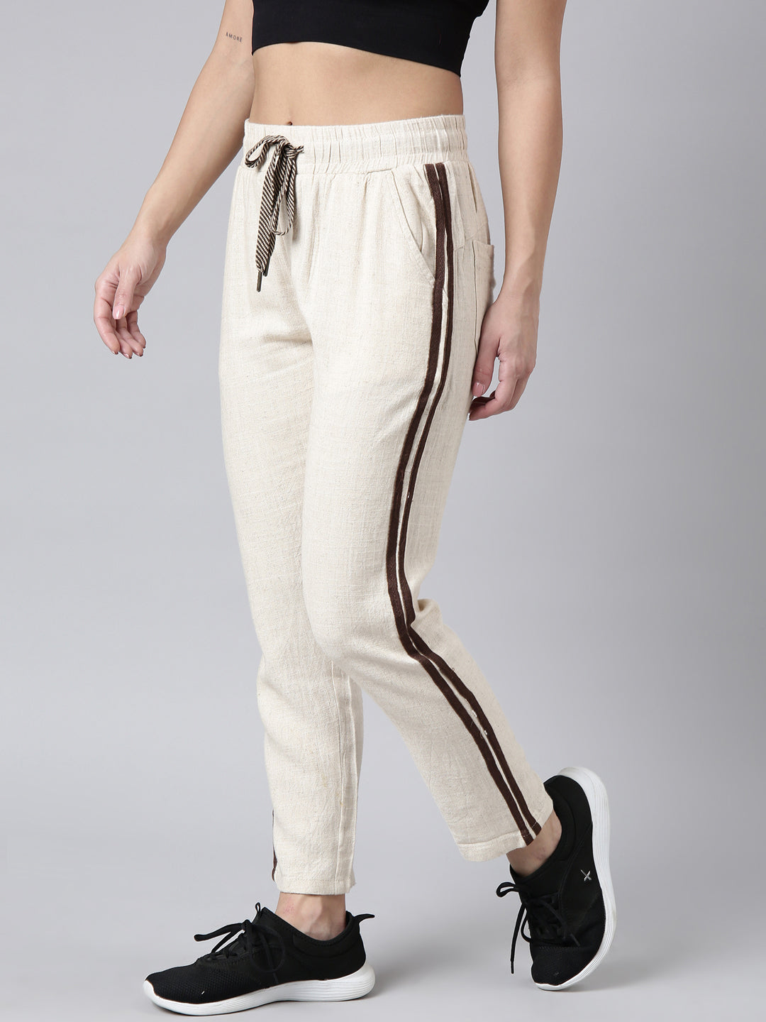 Women Solid Slim Fit Cream Track Pant