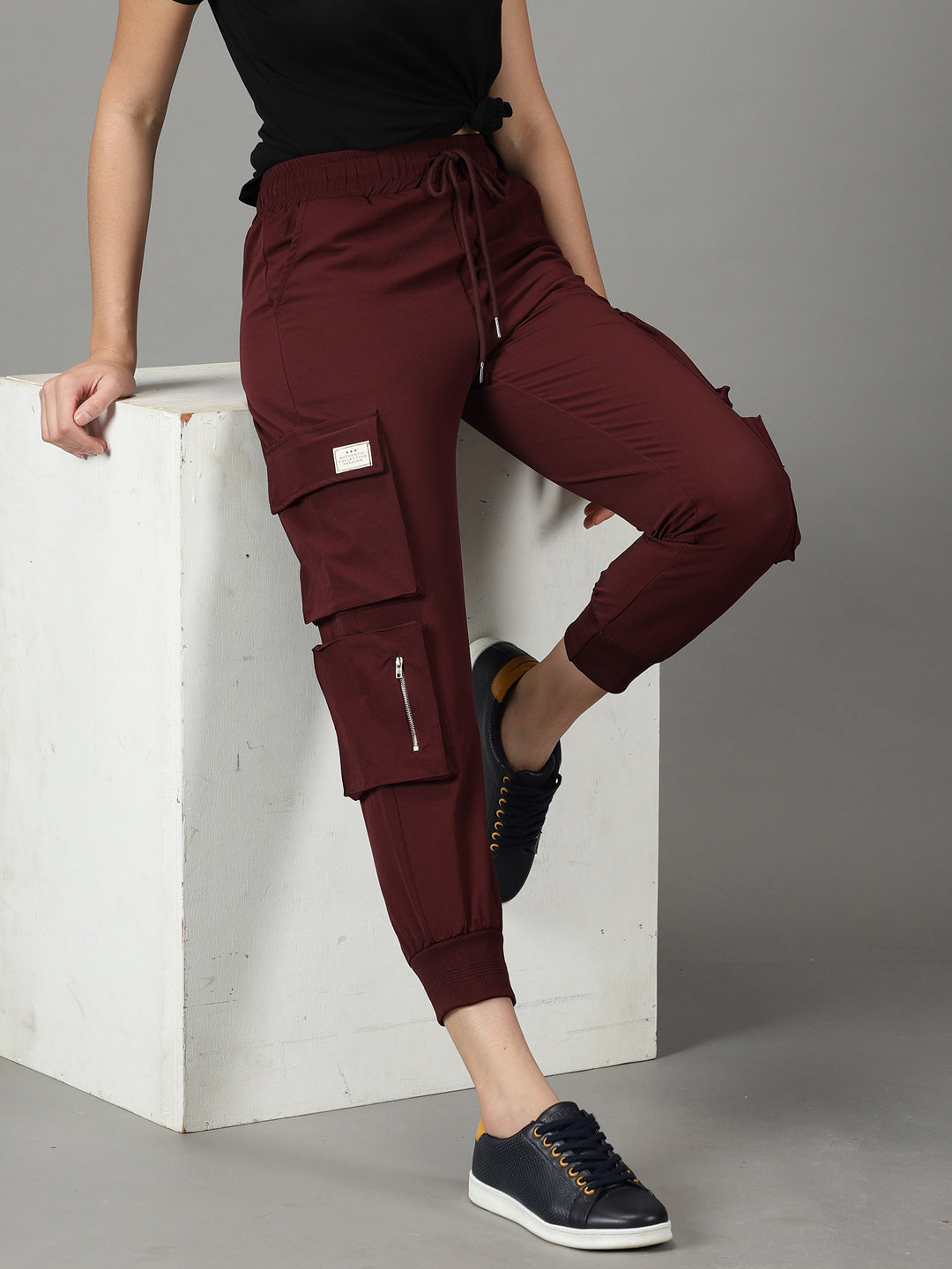 Women's Burgundy Solid Track Pant