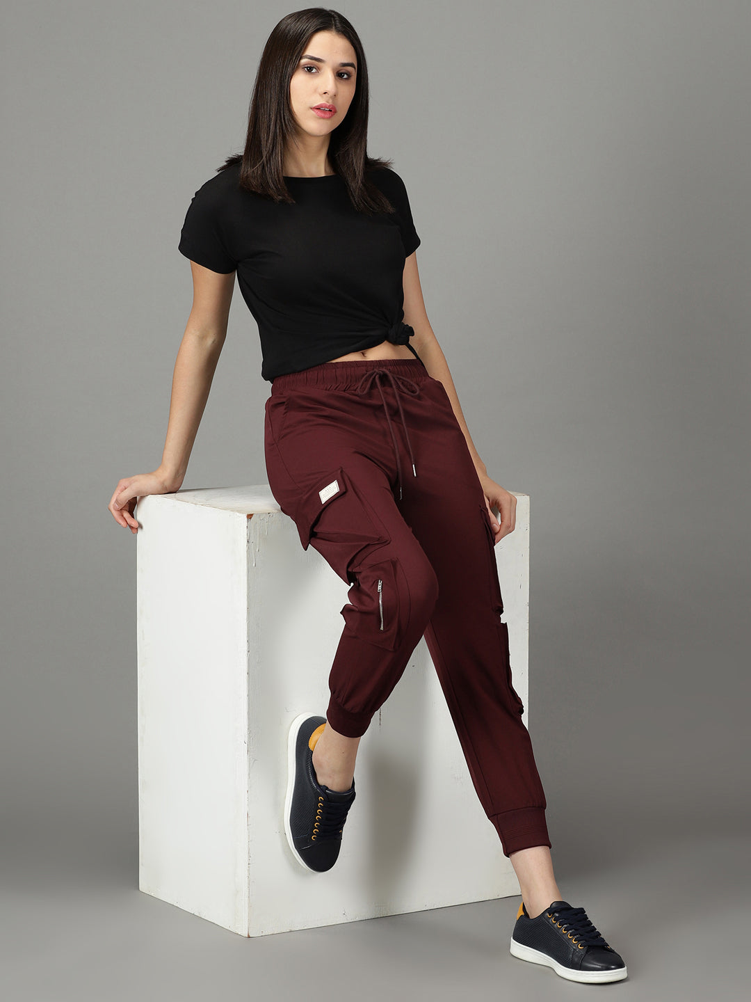 Women's Burgundy Solid Track Pant