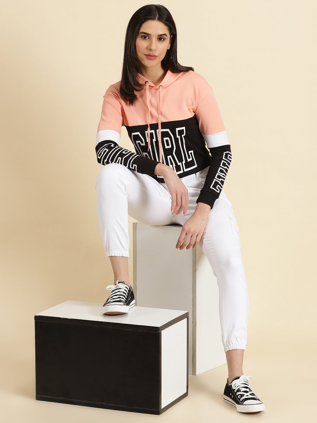 Women's Peach Colourblock Sweatshirt