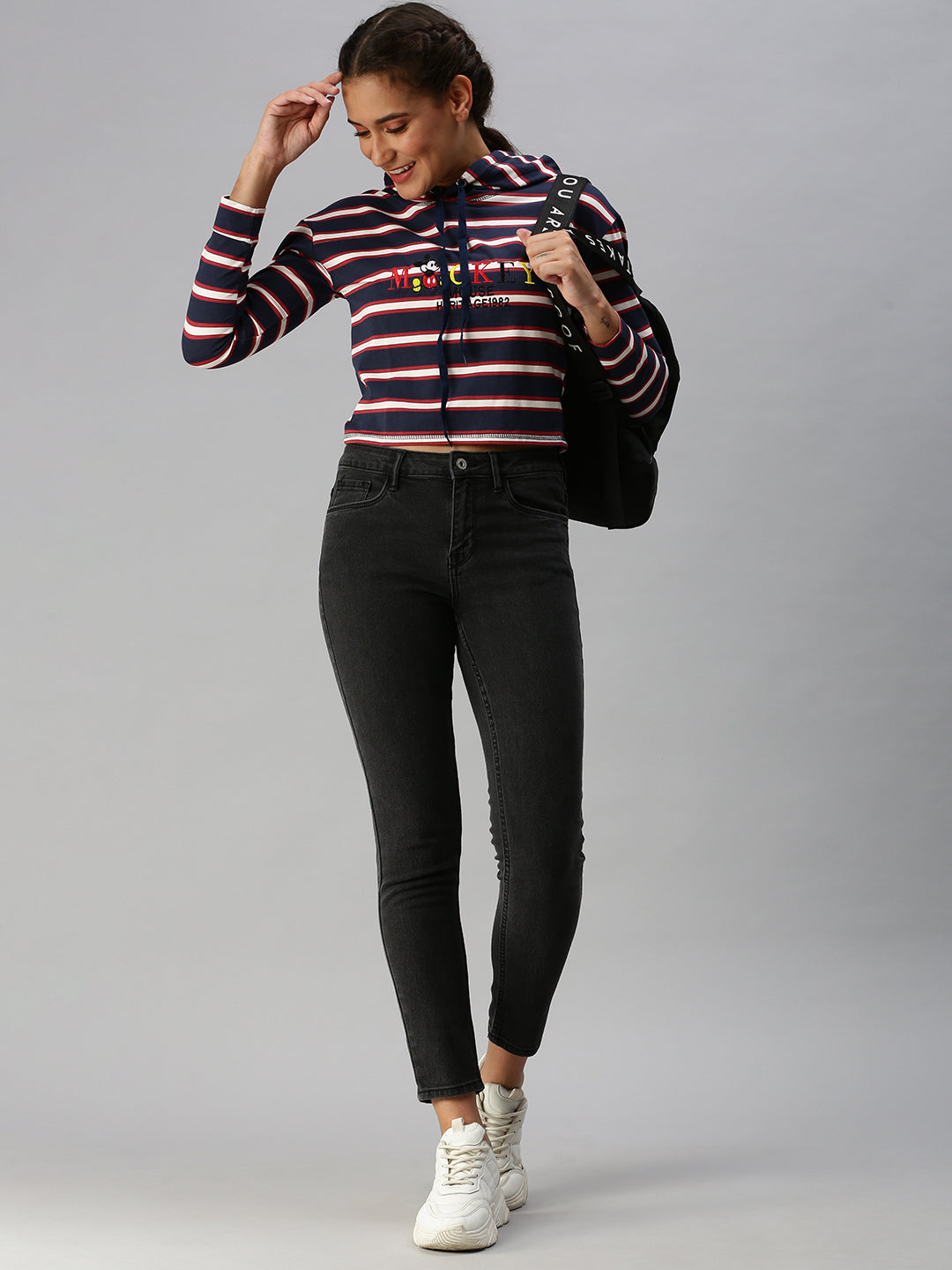 Women's Blue Striped Crop Pullover Sweatshirt