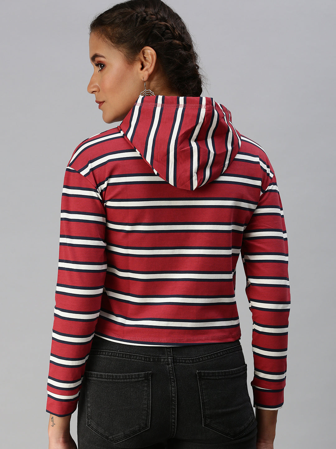 Women's Red Striped Crop Pullover Sweatshirt