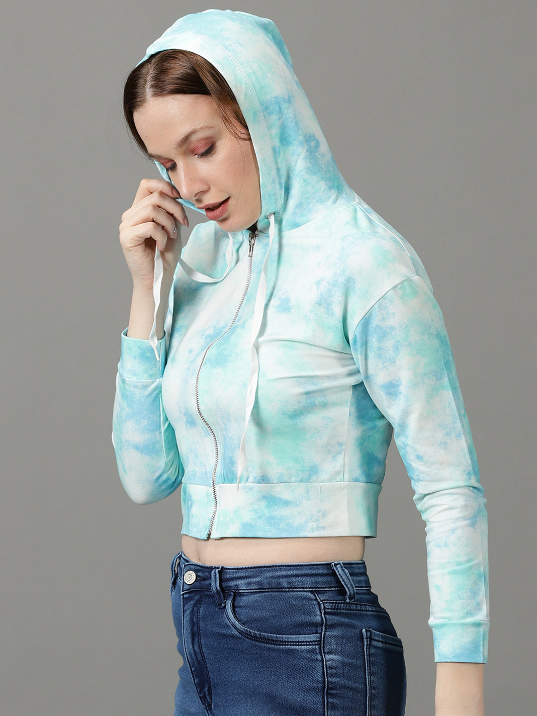 Women's Turquoise Blue Colourblock Front-Open Sweatshirt