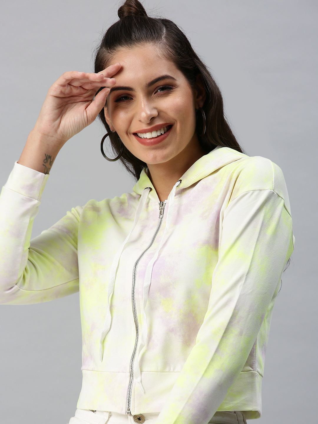 Women's Solid White Printed Hooded Sweatshirt