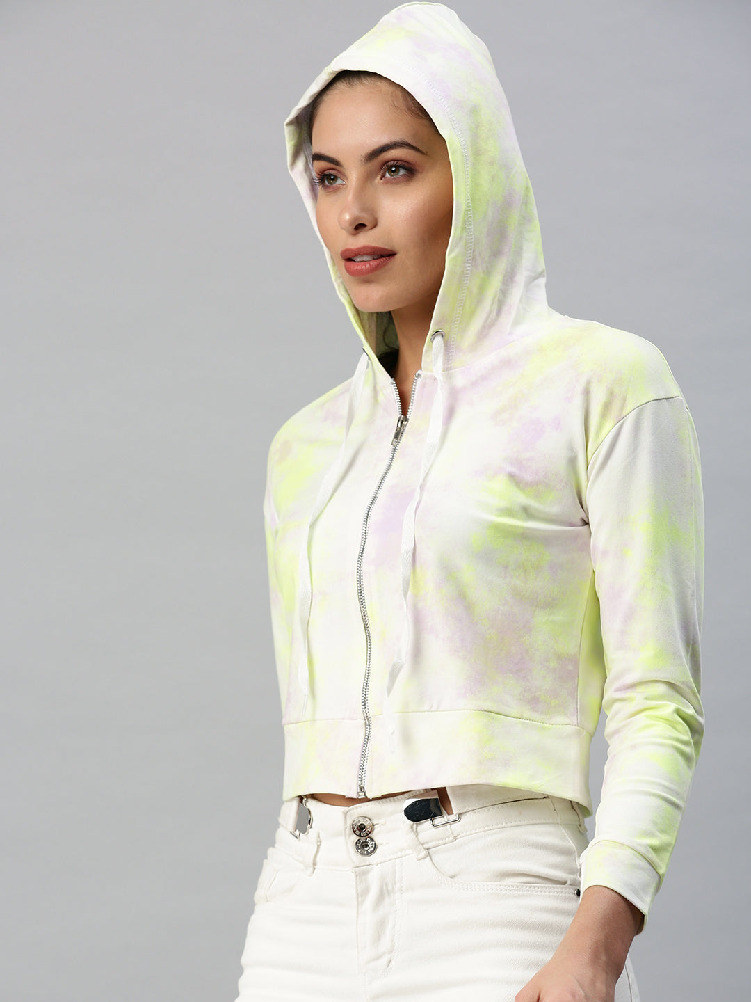 Women's Solid White Printed Hooded Sweatshirt