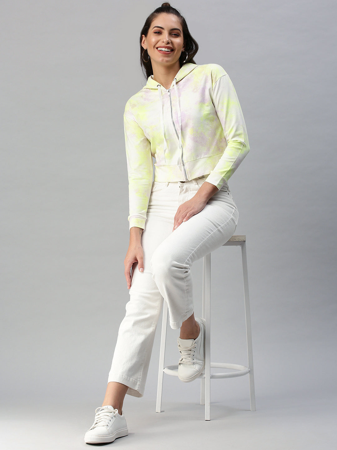 Women's Solid White Printed Hooded Sweatshirt