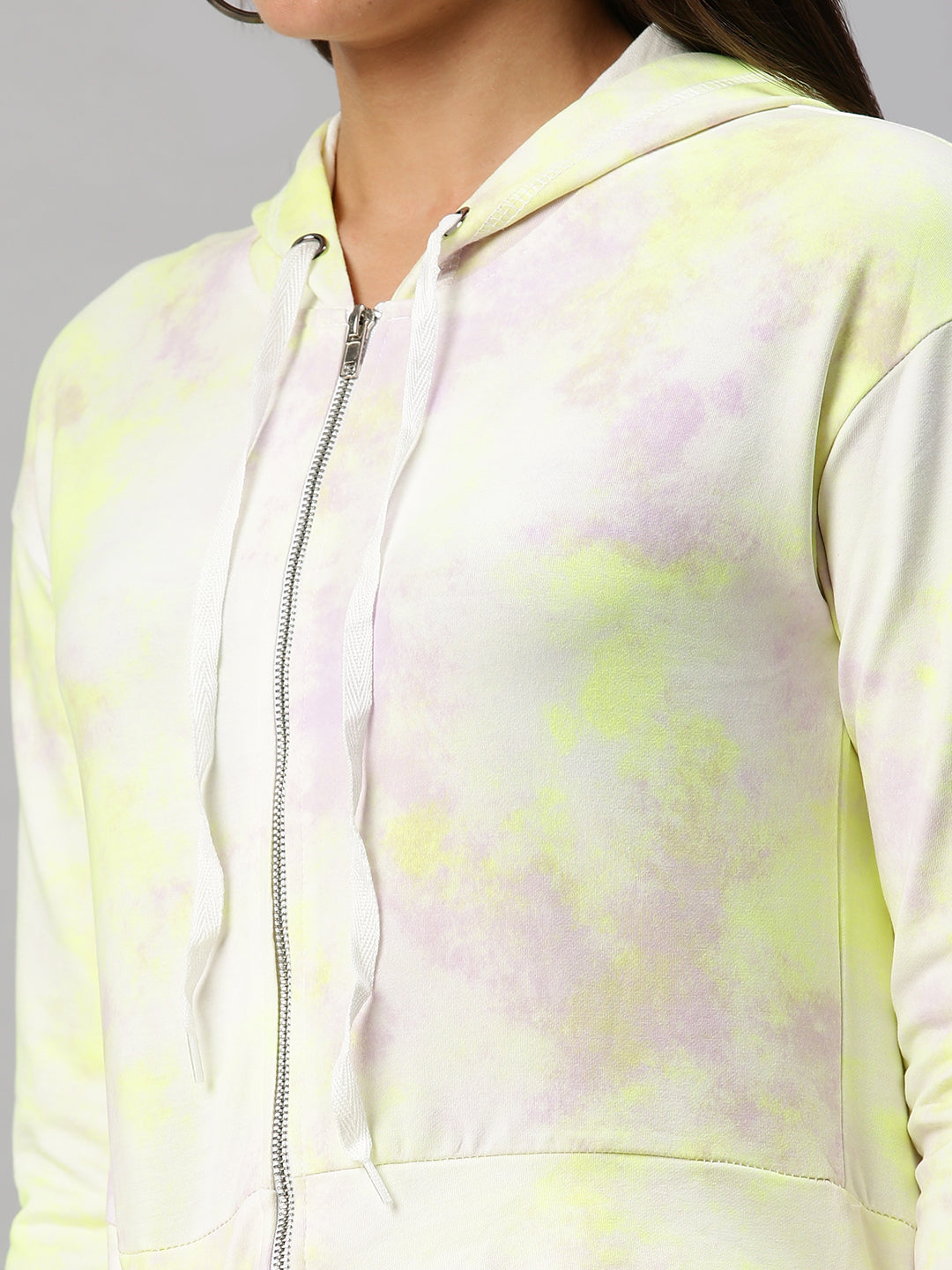 Women's Solid White Printed Hooded Sweatshirt