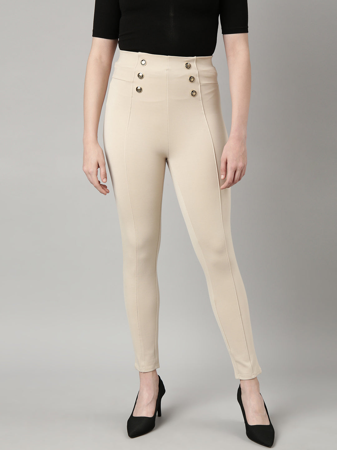 Women Solid Cream Skinny Fit Jeggings