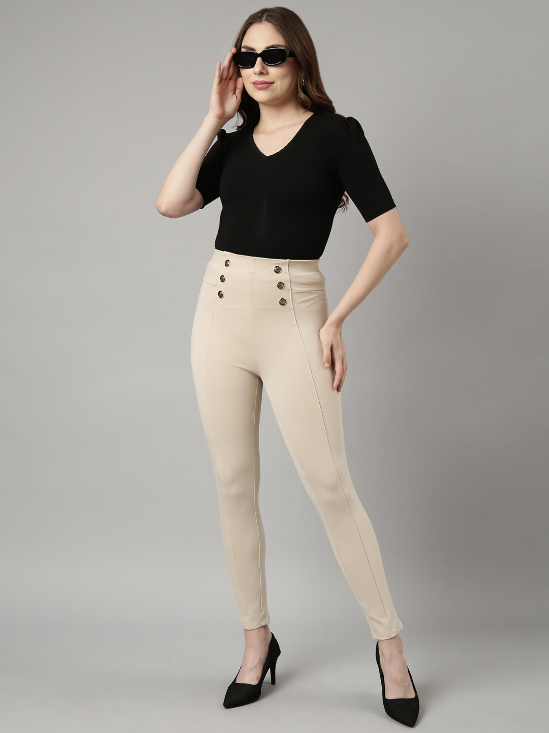 Women Solid Cream Skinny Fit Jeggings