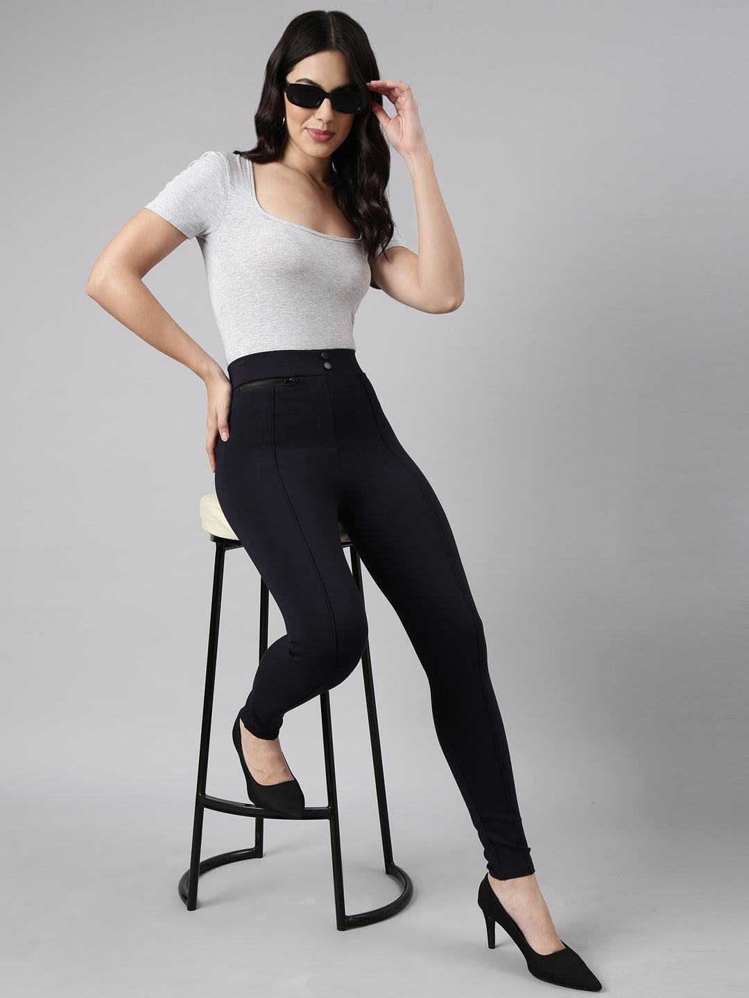 Women Solid Navy Blue Skinny Fit Jeggings