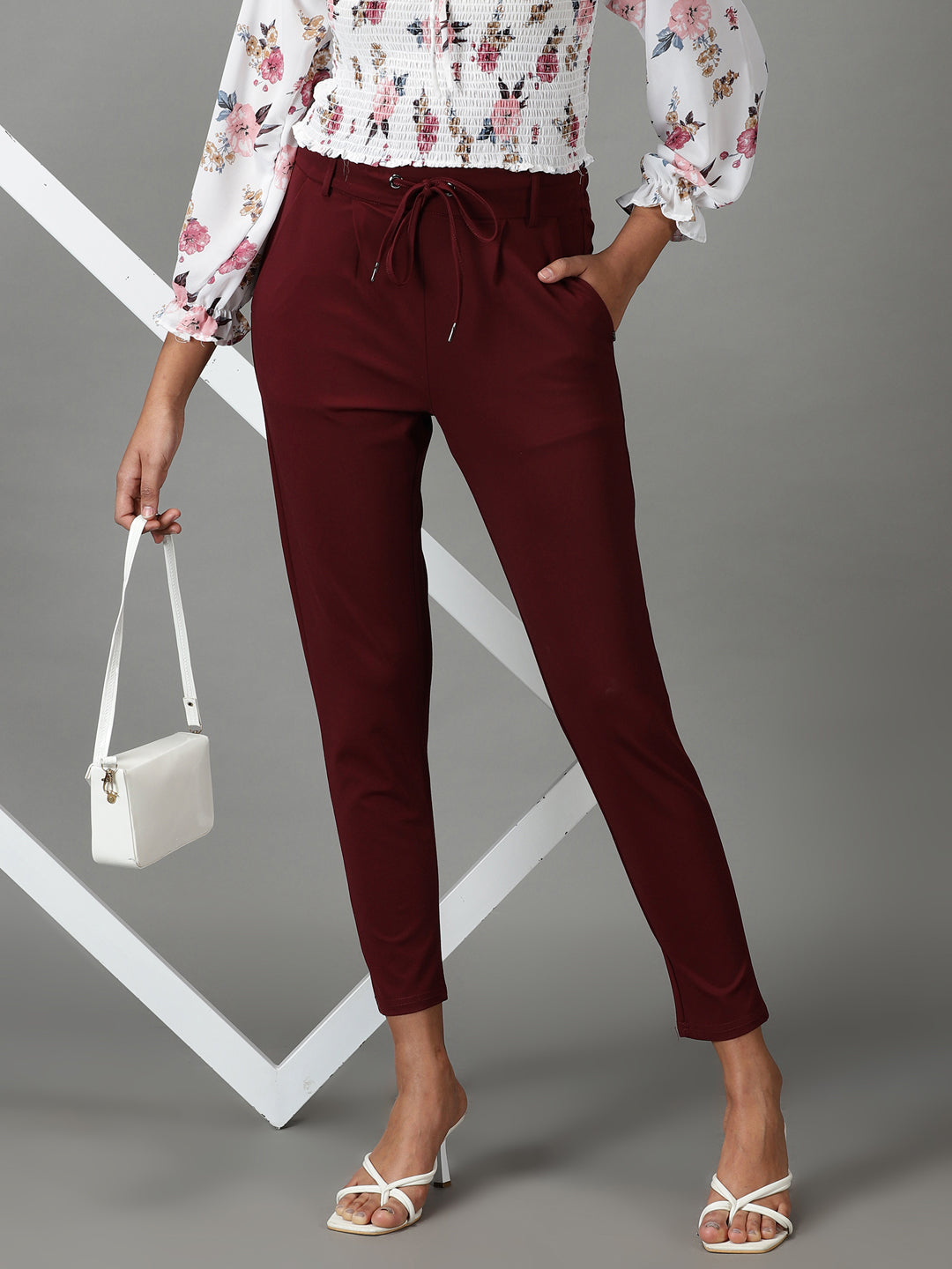 Women's Burgundy Solid Track Pant