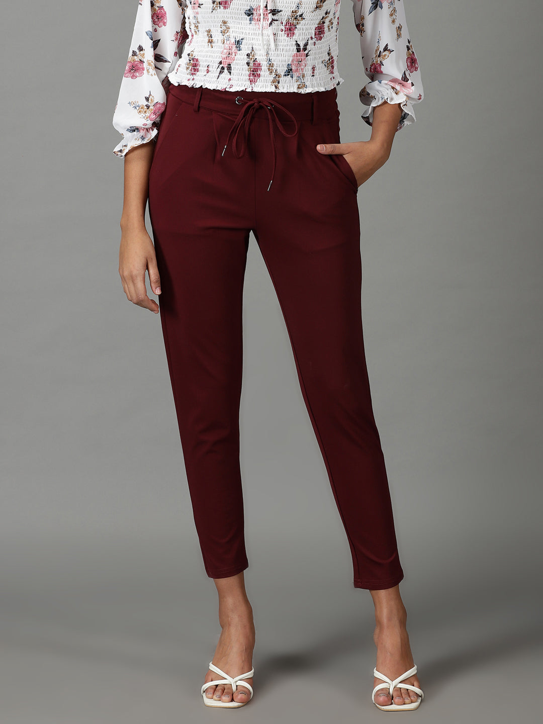 Women's Burgundy Solid Track Pant