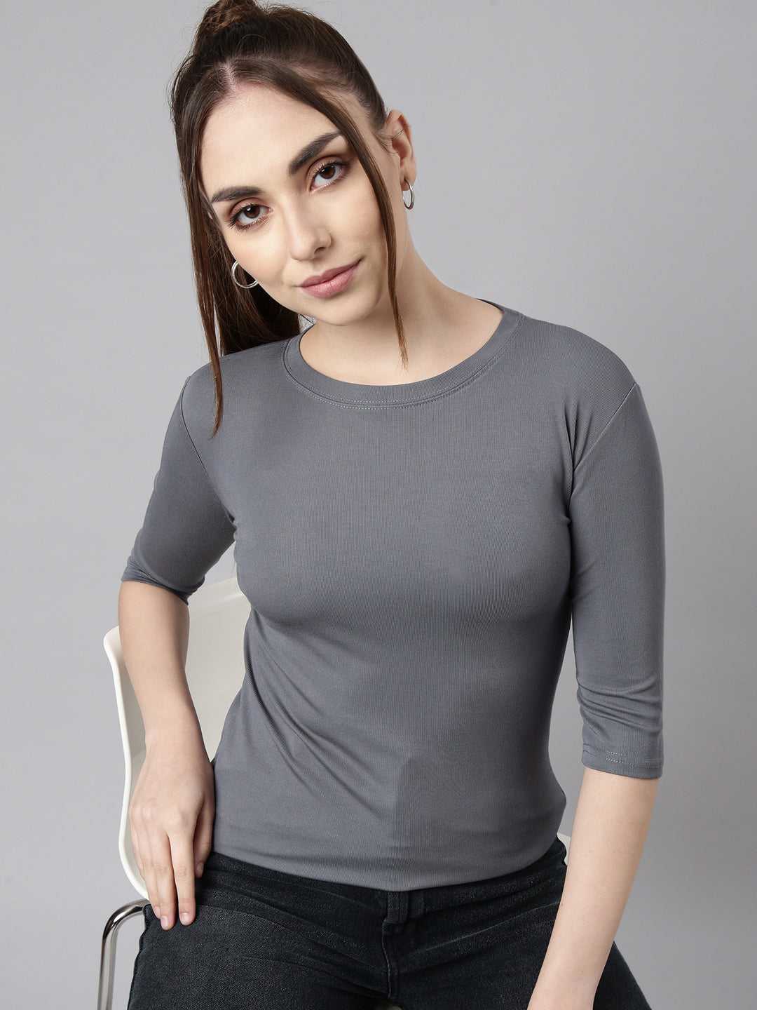 Women Grey Solid Fitted Top