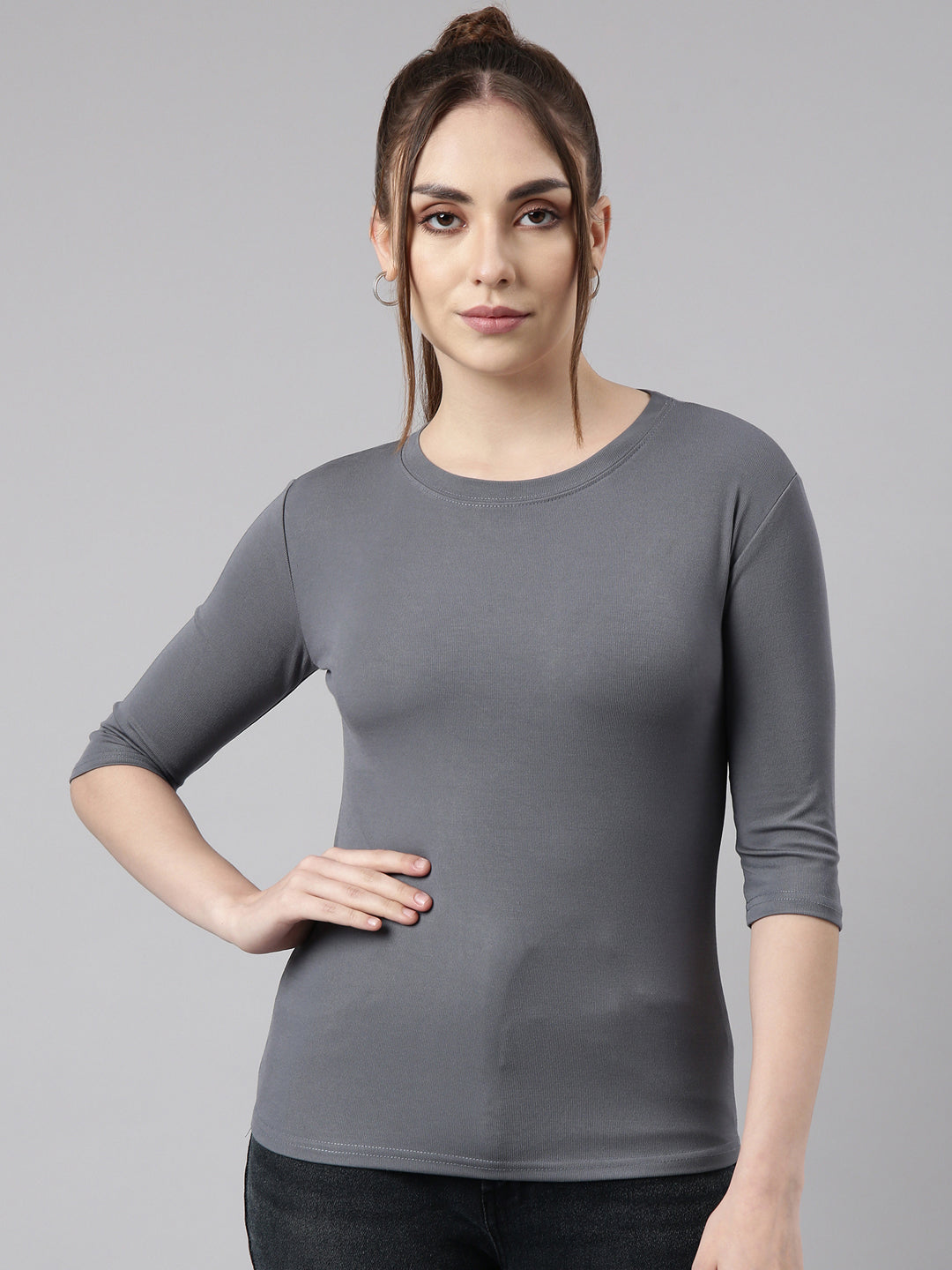 Women Grey Solid Fitted Top