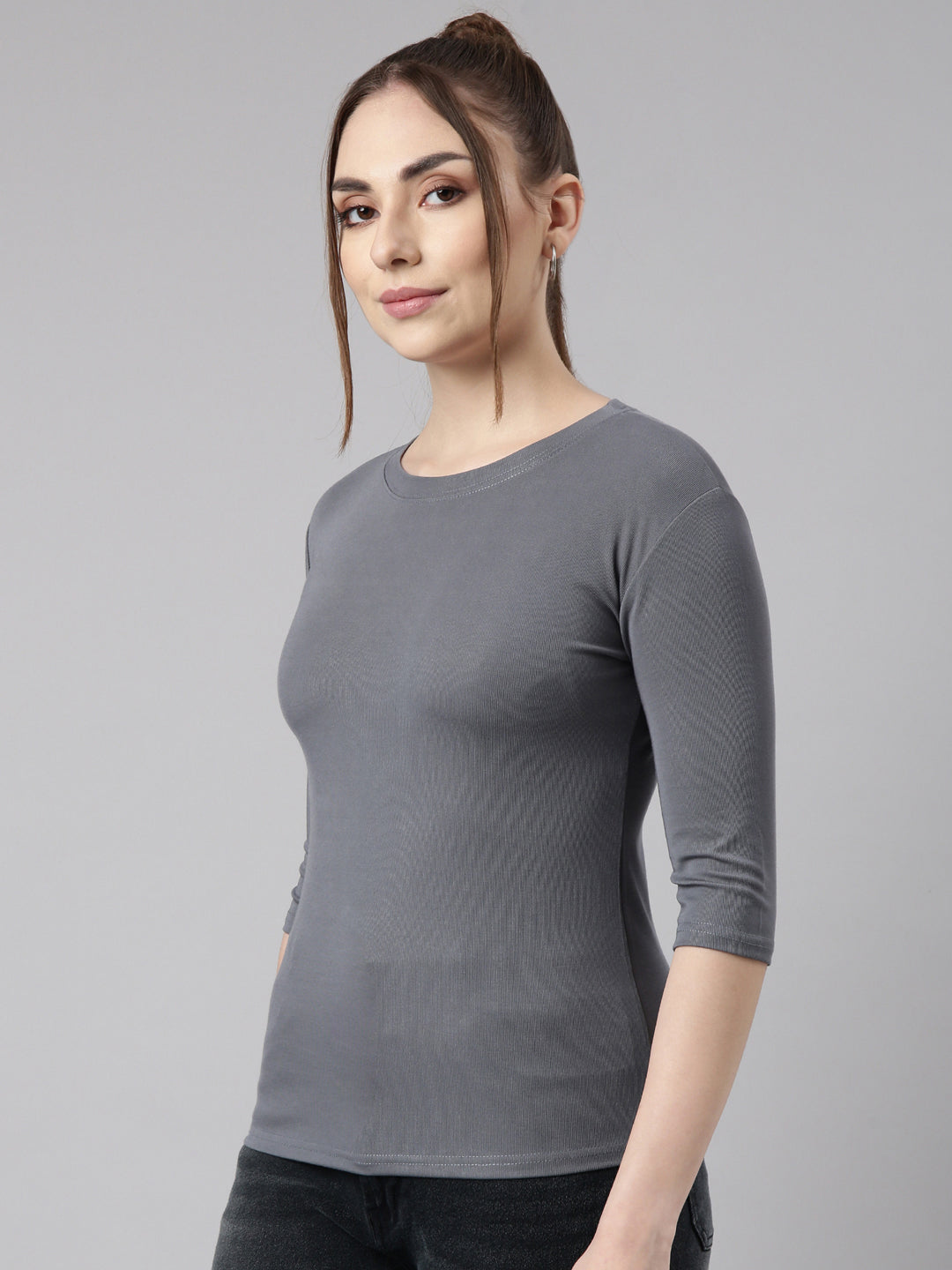 Women Grey Solid Fitted Top