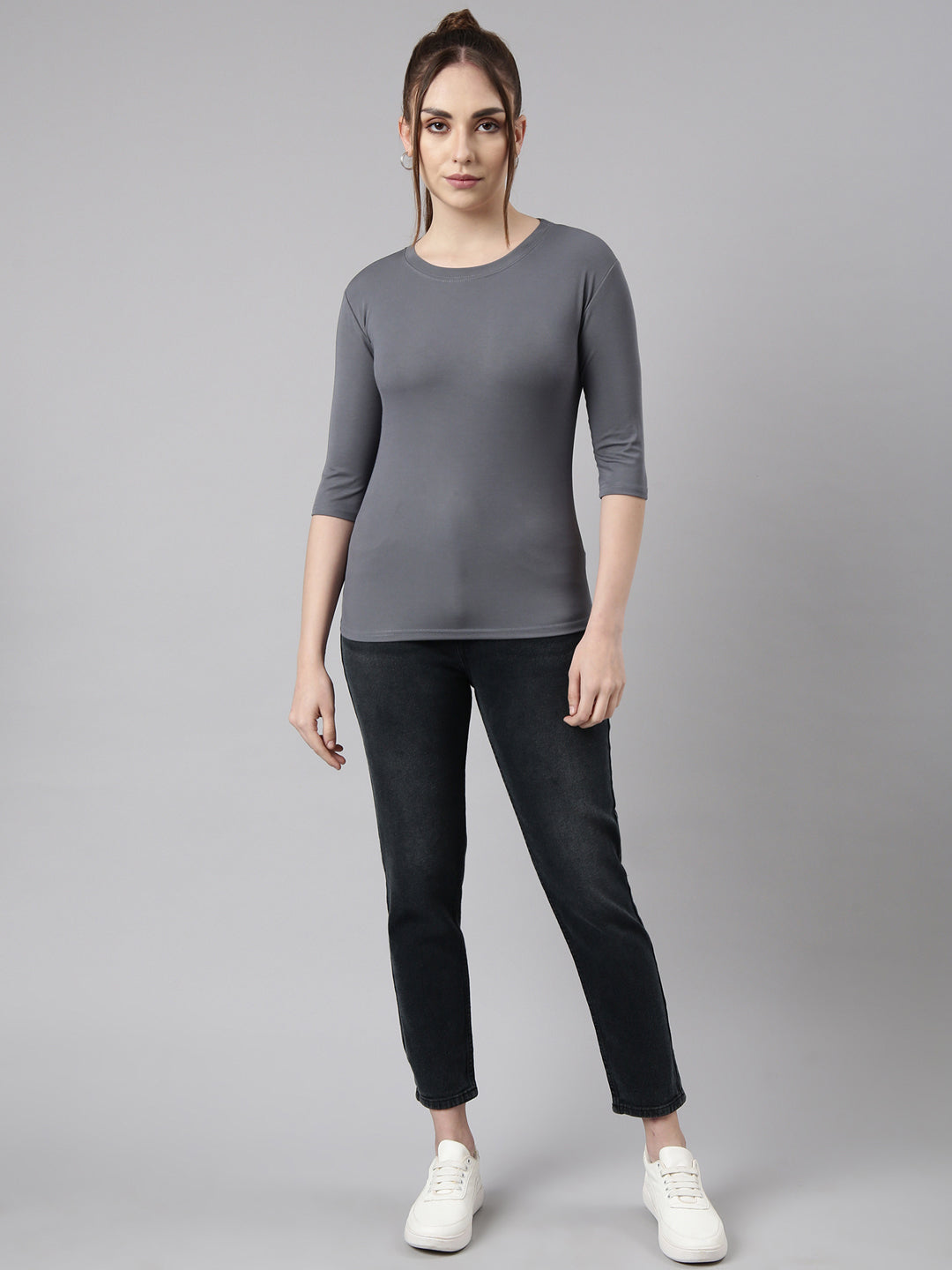 Women Grey Solid Fitted Top