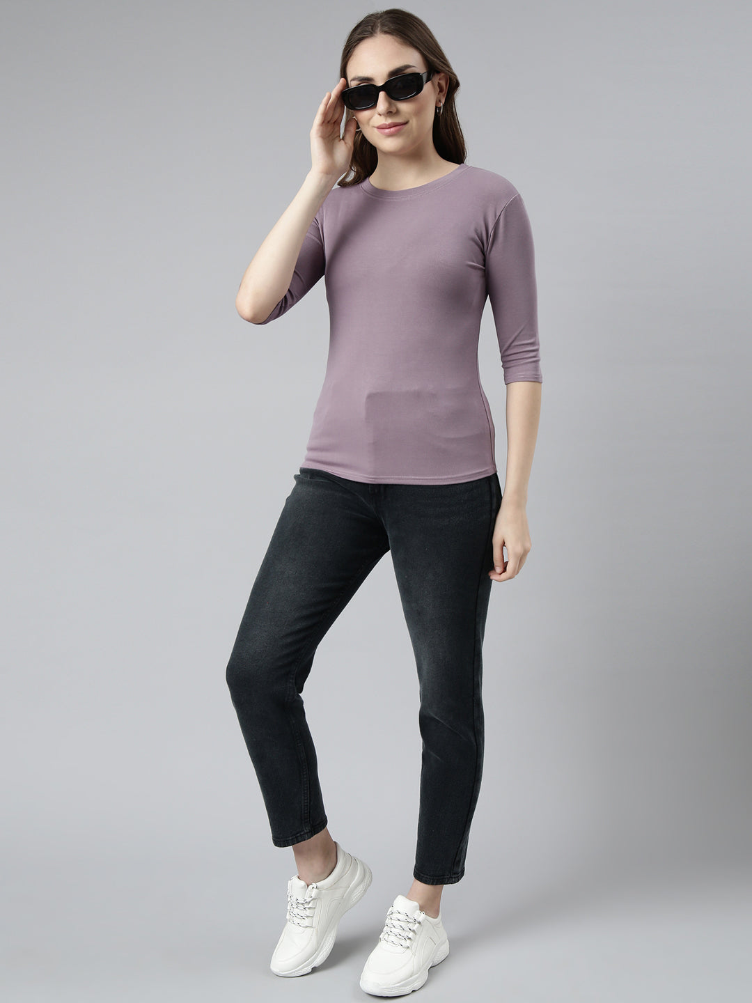 Women Lavender Solid Fitted Top