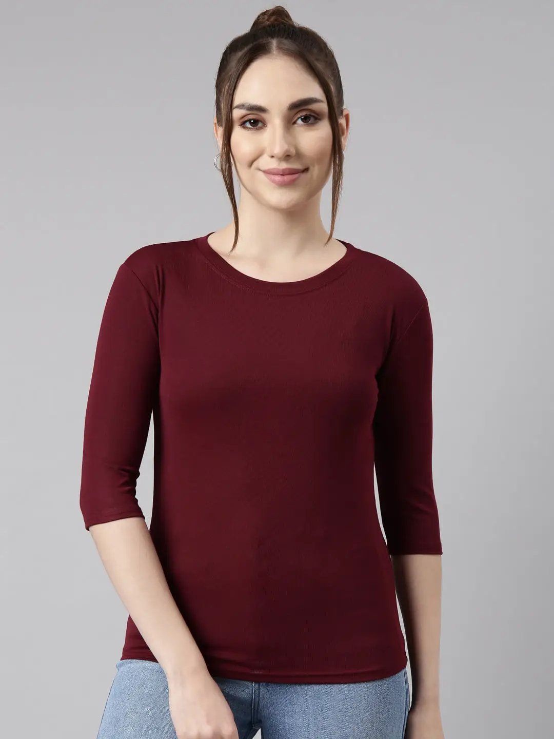 Women's Maroon Solid Fitted Top