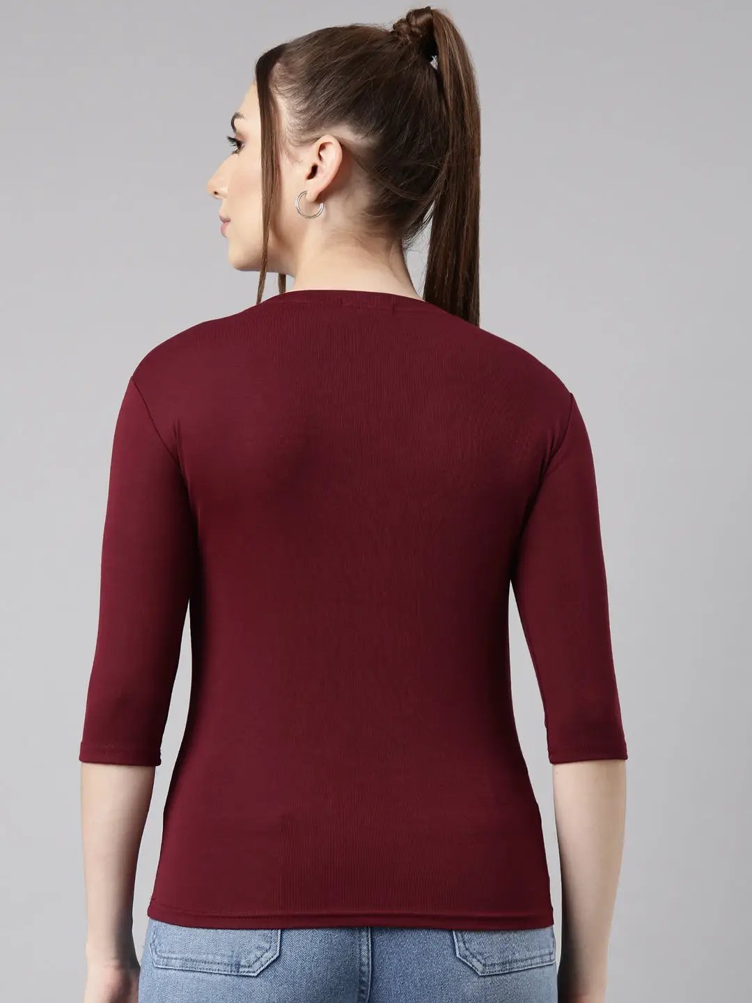 Women's Maroon Solid Fitted Top
