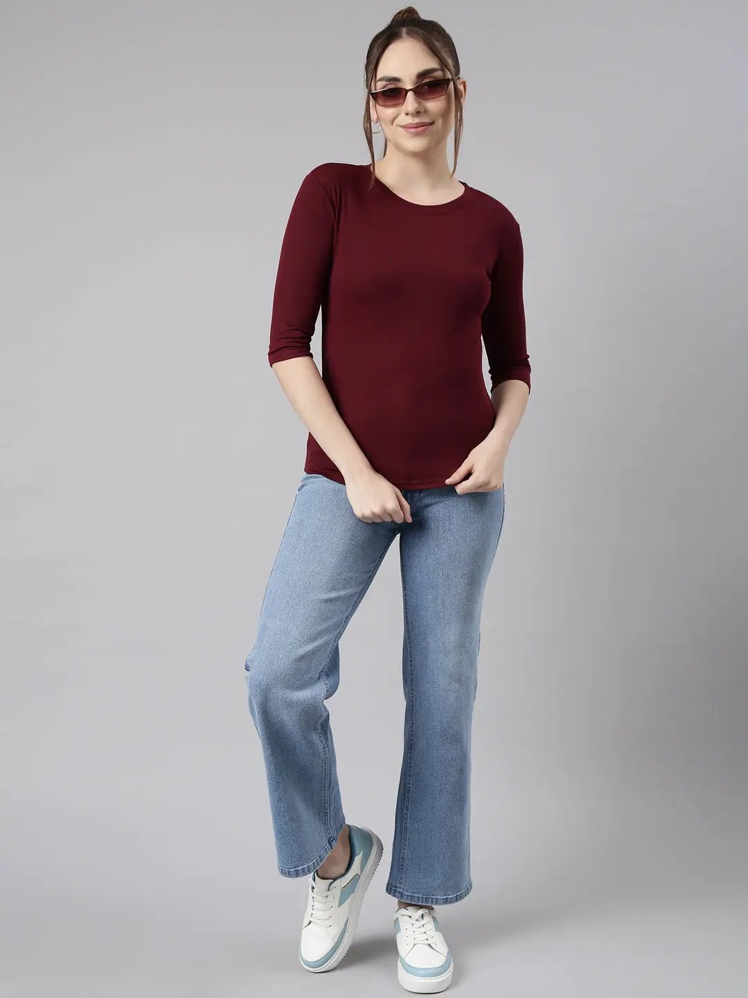 Women's Maroon Solid Fitted Top