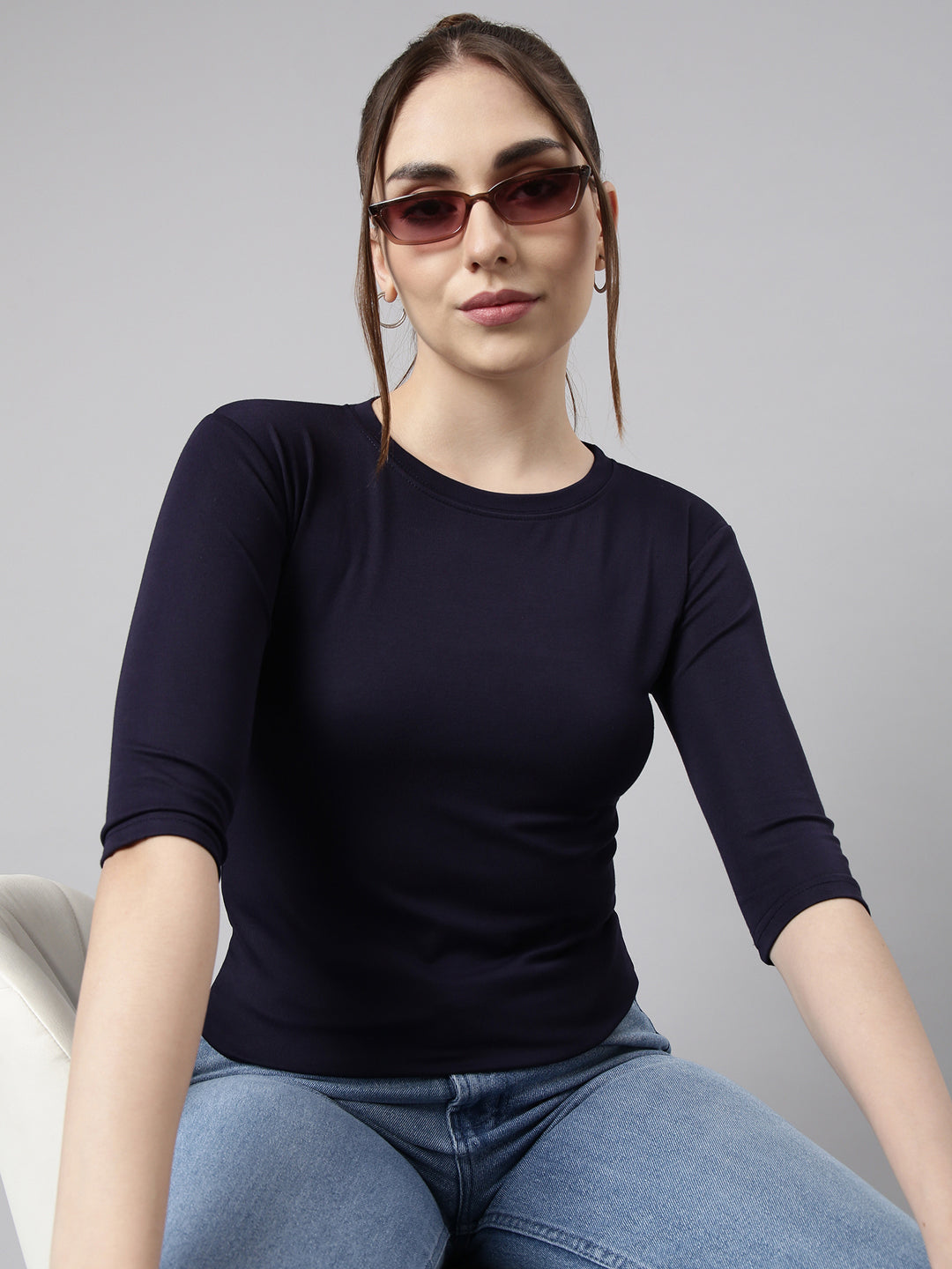 Women Navy Blue Solid Fitted Top