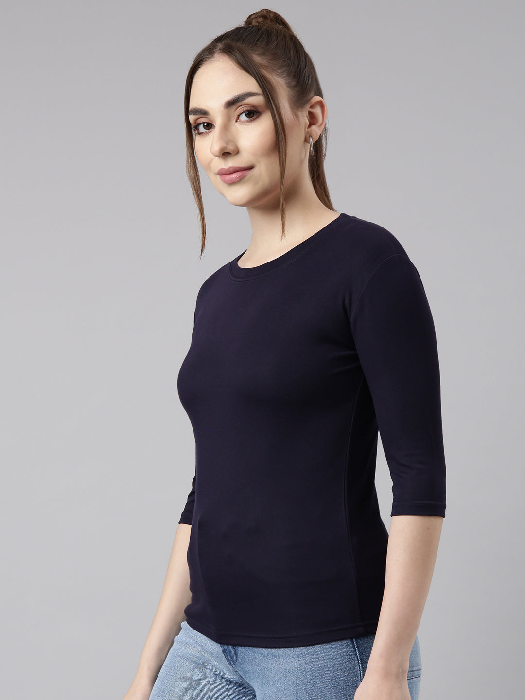 Women Navy Blue Solid Fitted Top