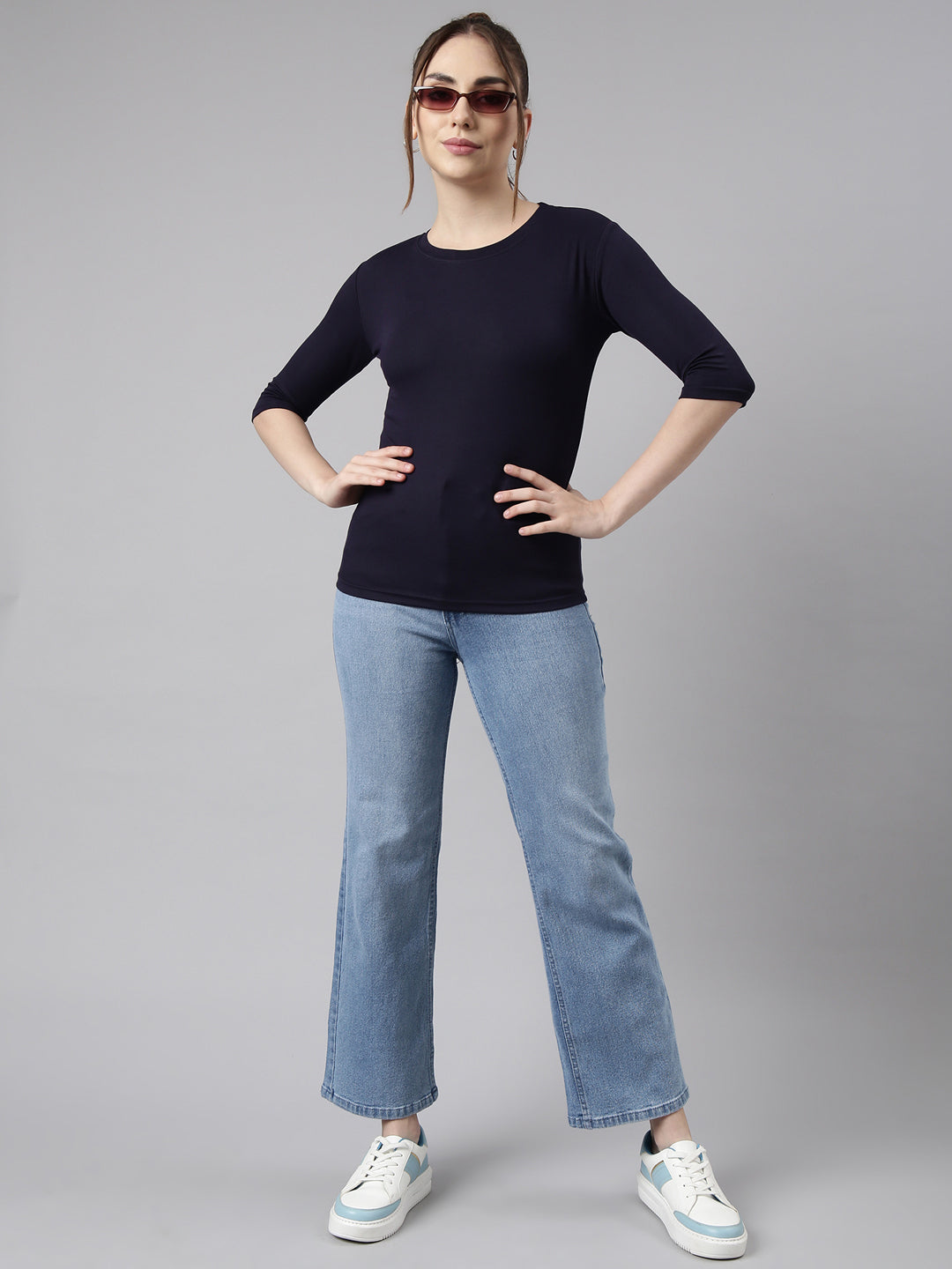 Women Navy Blue Solid Fitted Top