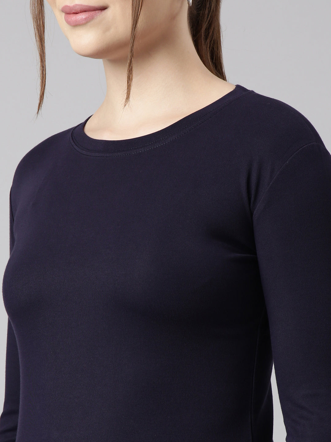 Women Navy Blue Solid Fitted Top