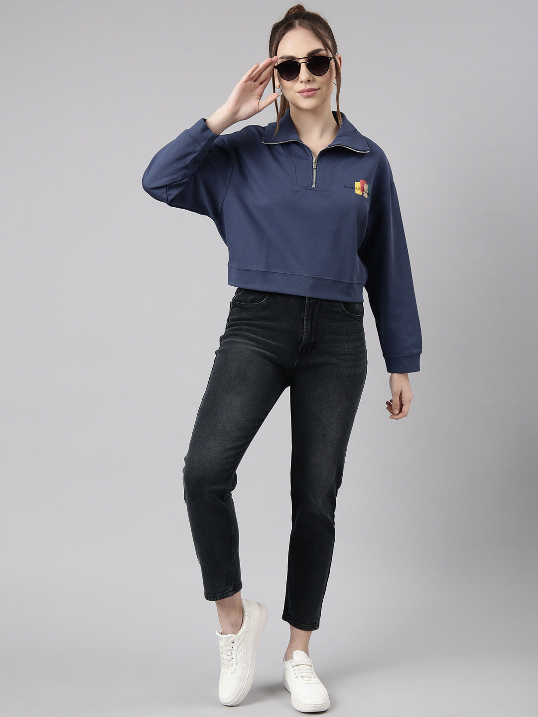 Women Blue Solid Front-Open Oversized Crop Sweatshirt