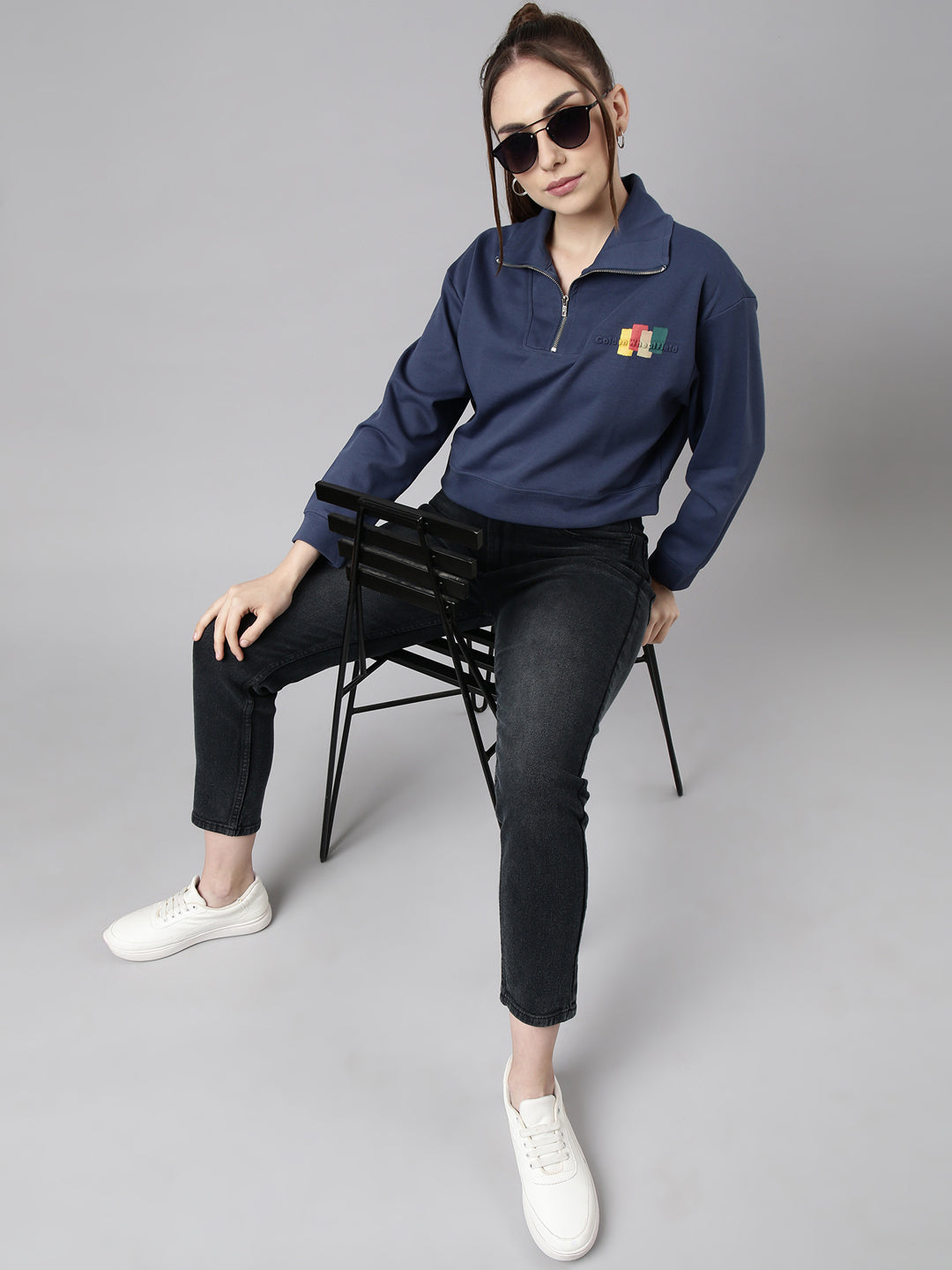 Women Blue Solid Front-Open Oversized Crop Sweatshirt