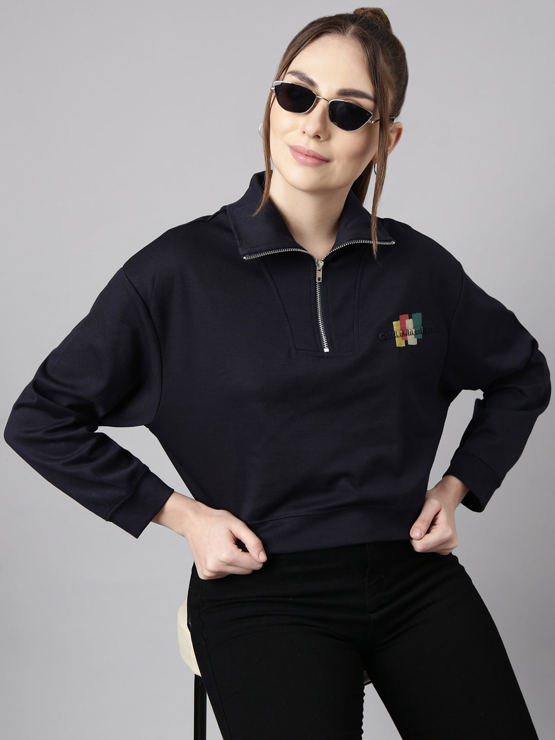 Women Navy Blue Solid Front-Open Oversized Crop Sweatshirt