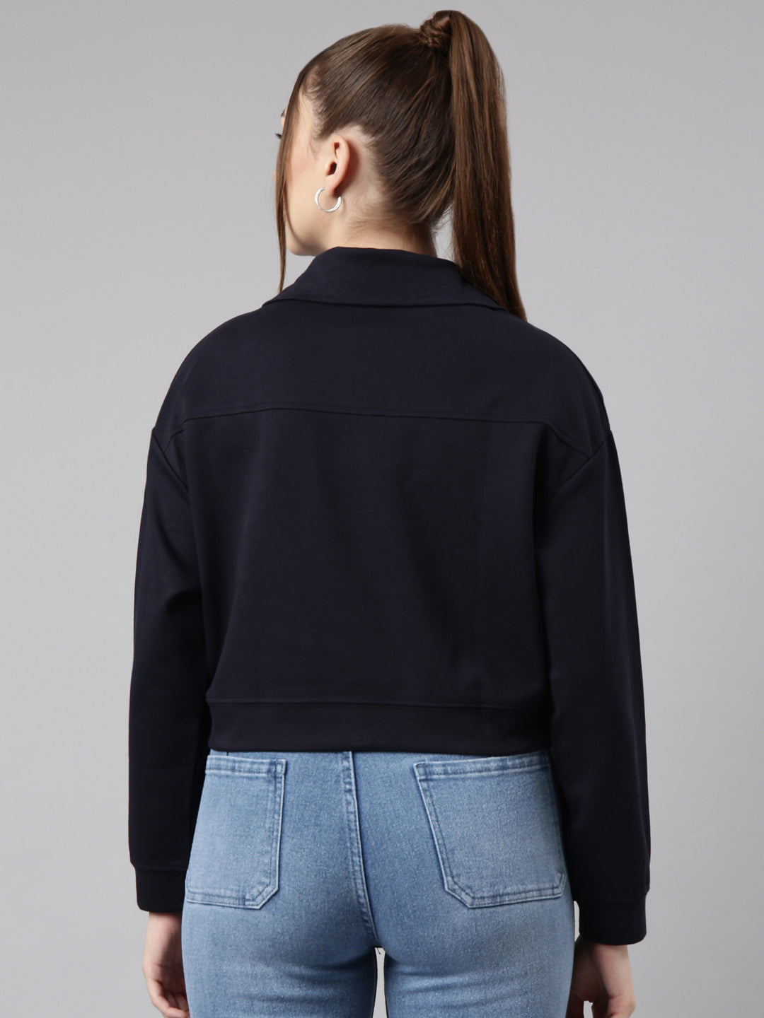 Women Navy Blue Solid Front-Open Oversized Crop Sweatshirt