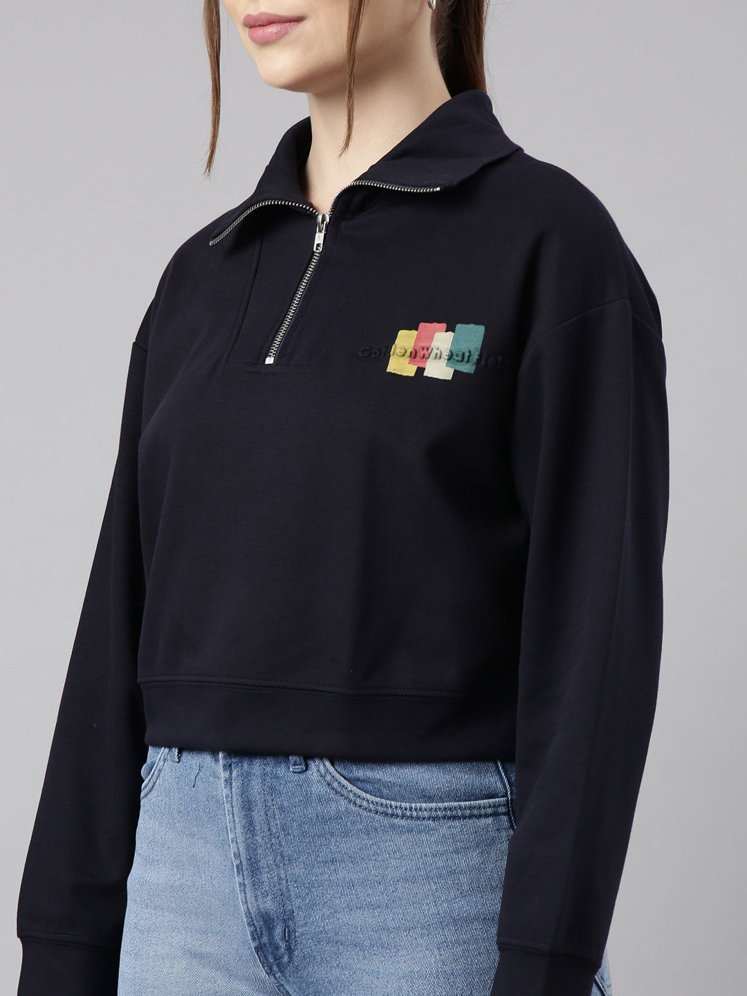 Women Navy Blue Solid Front-Open Oversized Crop Sweatshirt